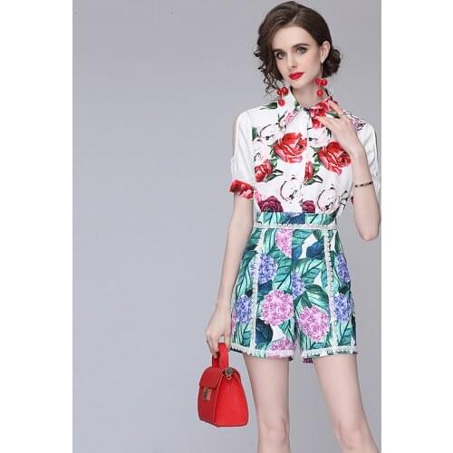 Womens Summer Suit European Commuter Lapel Off-shoulder Printed Shirt + High-waist Lace Shorts New Waist Female Sets X385
