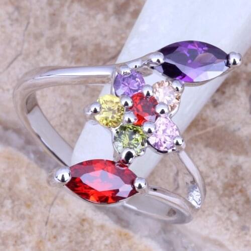 Wonderful Multicolor Purple Cubic Zirconia Silver Plated Womens Flower Ring Size 6 / 7 / 8 / 9 R0913