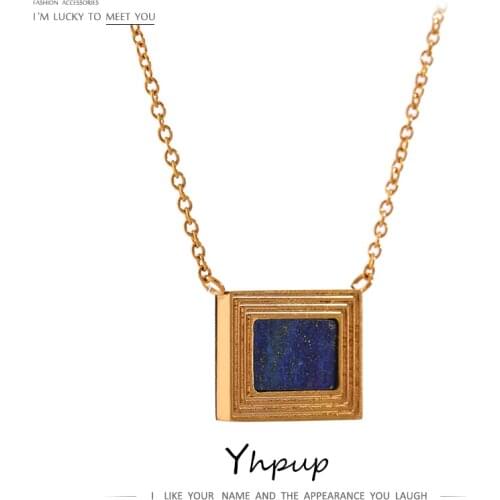 Yhpup Stainless Steel Square Pendant Necklace Statement Lapis Lazuli Stone Collar Necklace Jewelry for Women Festival Gift