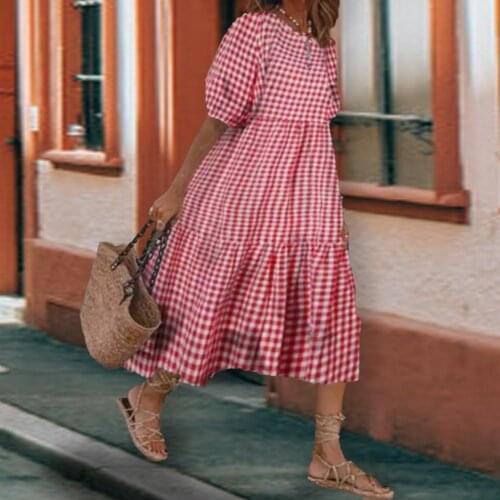Women Dress Summer Plaid Patchwork Puff Sleeve Round Neck Skirt for Beach fashion dress for women clothing 2021 robe femme