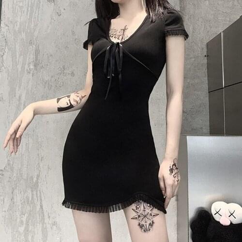 Vintage Gothic Bandage Summer Women Dresses Punk Black Patchwork Mesh Hem Mini Dress A-line High Waist Skinny Basic Wear 2020