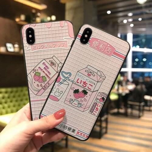Milk Drink Store Strawberry Juice Phone Case for iPhone 11 12 Pro Max XS Max XR Cute Embossed Back Cover for iPhone X 8 7 6 Plus
