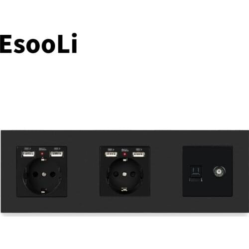 ESOOLI Black Plastic Panel Dual EU Standard Electric Socket with 4 USB Charging Port Female TV Jack+Internet Computer Data RJ45
