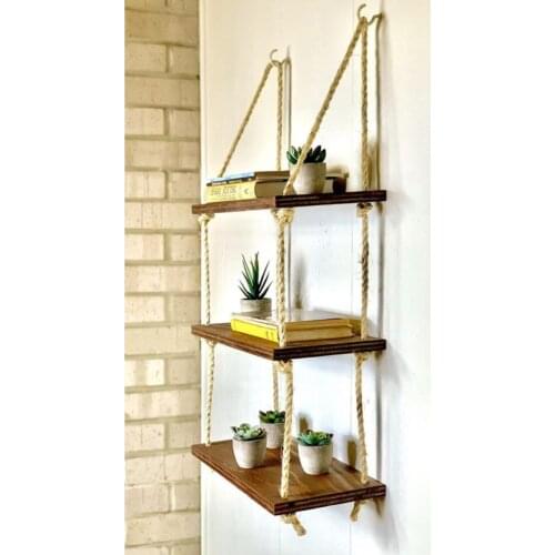 Wood 3 Shelves Decorative Corded Wall Rack