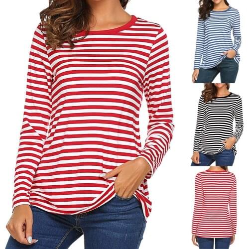Autumn Tshirts For Women Long Sleeve Round Neck Basic T-shirt Striped Shirts Tunic Top Mujer Camisetas Женские Футболки @40