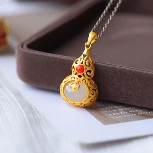 Chinese Jade Inlay Good Luck Gourd Pendant Necklace DIY Accessories Jewellery Fashion Hand-Carved Woman Gifts Amulet