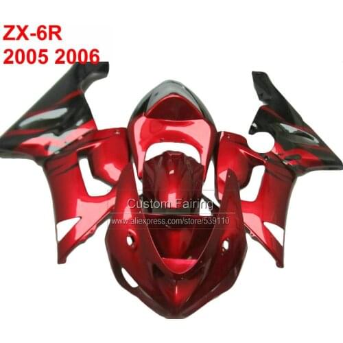 Red Motorcycle fairings for Kawasaki zx6r zx 6r Ninja 05 06 2005 2006 wine red black flames fairing kit RG53
