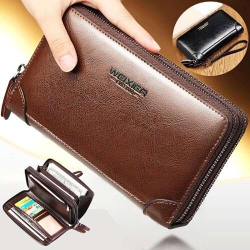 Men Wallets Made Of Natural Wax Oil Skin Top Dual Zipper Men Clutch Bag Multiple Compartment Passport Cover Billetera Hombre2021