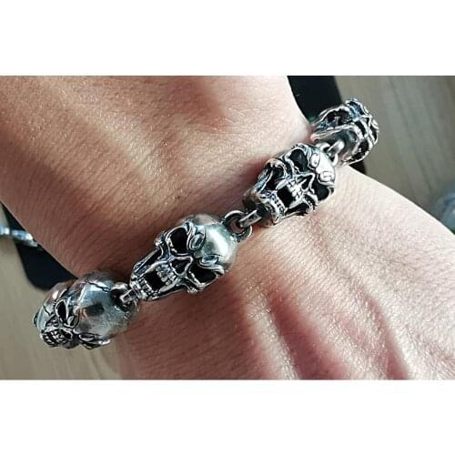 925 Sterling Silver Skull Mens Biker Gothic Bangle Bracelet jewelry 23cm A4004