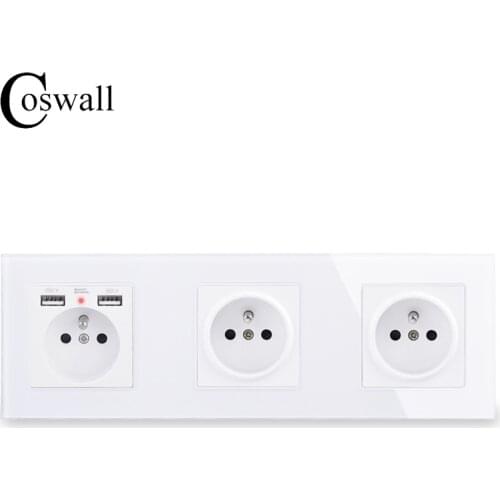 COSWALL 16A 2/3/4/5 Gang French Standard Wall Socket + Dual USB Charge Port Hidden Soft LED Indicator Glass Panel