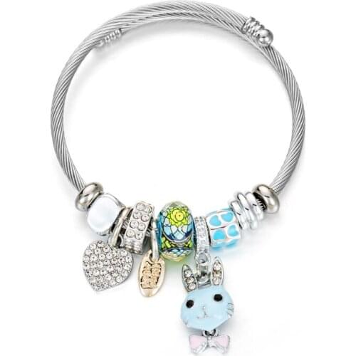 New Fashion Silver Metal Heart Rabbit Pendants Trendy Simple Crystal Bracelets & Banglets For Women Boho Charm Accessories Gift