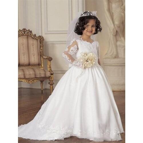 2020 Long Sleeve Flower Girl Dresses A Line V Neck Lace Applique Sweep Train Girls Pageant Dresses For Wedding Party