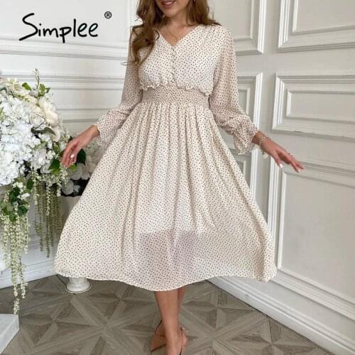 Simplee casual flare sleeve dress women Elegant V-neck Polka Dot print sash dress A-Line holiday female midi dress autumn 2020