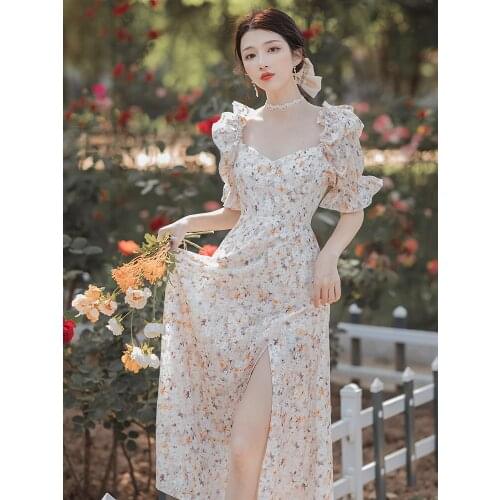 Dress Retro French Girl Chic Design Flare Sleeve Floral Dress Female Summer Square Collar First Love Fairy Dress