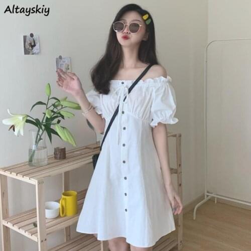 Dresses Women Solid Slash Neck Knee-length Student Sweet Elegant Korean Style Fashion Summer Short Sleeve French Vestidos Ladies