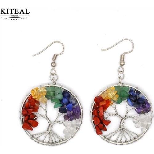 Wholesale Dangle Earrings for Women Round Tree of Life Ear Drop Natural Chip Stone Bead Reiki 7 Chakra fashion jewelry