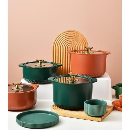 Nordic Ceramic Casserole Household Stockpot With Transparent Glass Lid Large Porridge Stew Soup Pot