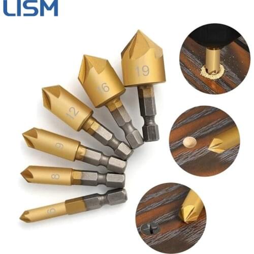 6pcs HSS Chamfer Countersink Drill Bit 1/4" Hex Shank 90 Degree Wood Chamfering Cutter 6mm-19mm 5 Flute Countersink Drill Bits