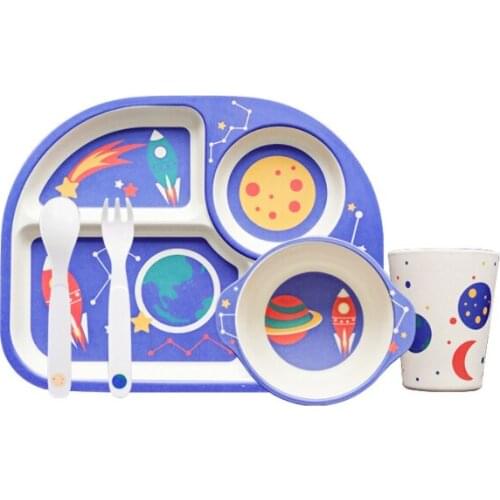 Baby Feeding Bowl Plate Dishes Fork Spoon Cup 5Pcs/Set Children Tableware Bamboo Fiber Kids Cartoon Separation Feeding Plate