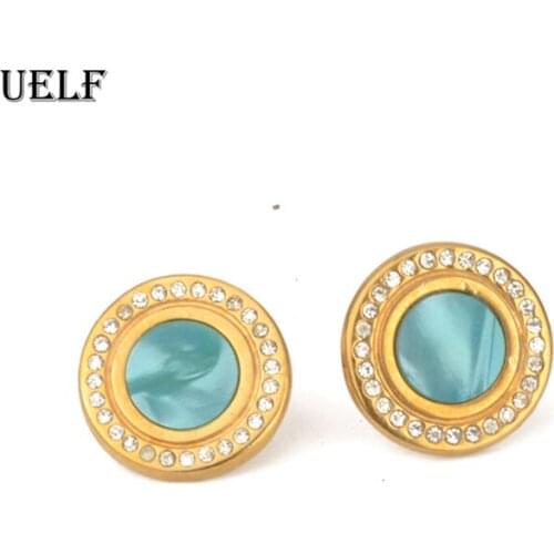Uelf Wholesale Luxury Stainless Steel Stud Earrings Flash CZ Zircon Ear Studs Green Colors Earrings For Women Cheap brincos