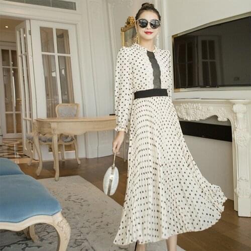 Vintage Elegant Chiffon Dress Women Spring Maxi Long Sleeve Dress 2020 Ladies Dresses Party Polka Dot Women Dress Vestidos 91115