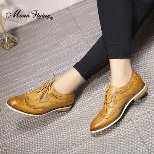 Mona Flying Women Leather Oxfords Hand-made Top Quality Luxury Shoes Lace-up Pointed Toe Wingtip Derby Saddle for Ladies B098-1