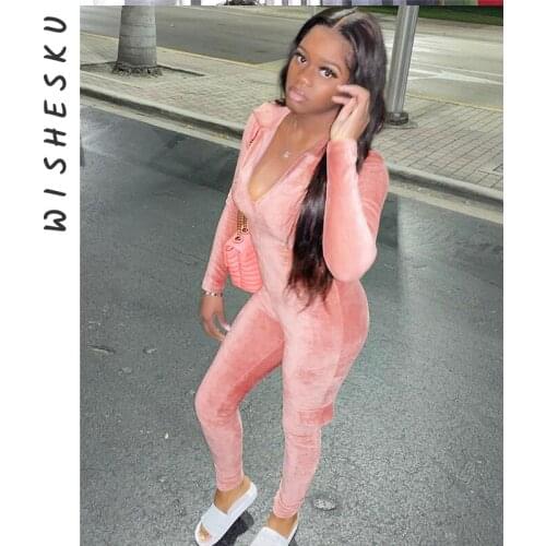 Lapel Zip Velvet One Piece Rompers Womens Long Sleeve Pencil Pants Jumpsuit Casual Slim Jogging Outfits 2021 Autumn Winter