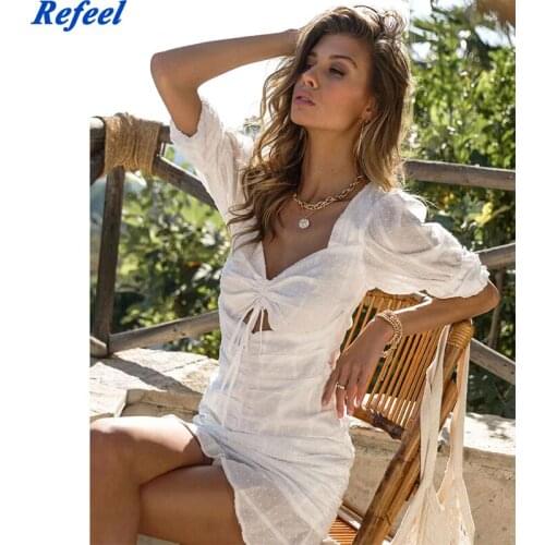 Woman White Sexy Dress With Half Puff Sleeve V-neck Belt Hollow Out Solid Color Women Cotton Mini Dress Backless Sexy Vestidos