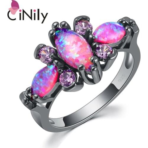 CiNily Pink Big Fire Opal Stone Black Gold Color Rings Purple Violet Zircon Crystal Butterfly Animal Ring Fashion Jewelry Women