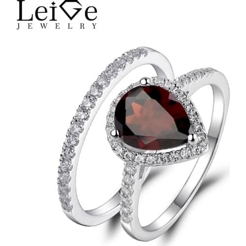 Leige Jewelry Natural Garnet Engagement Ring Set Pear Cut Sterling Silver Rings for Women January Birthstone Teardrop Shape