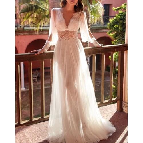 2021 Summer Elegant Women Maxi Party Dress Vintage Sexy Transparent Mesh Long Sleeve White Lace Tunic Long Dress