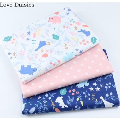 100% Cotton Twill Cloth WHITE BLUE Cartoon Small Flowers Animals Stars Fabrics for DIY Crib Bedding Cushion Craft Handwork Decor