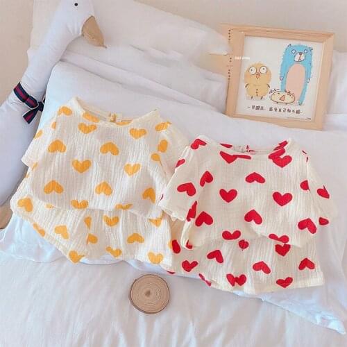 2021 Summer New Girls Suit Love Breathable Gauze Cotton T-shirt Shorts 2 Pcs Set Kids Clothes Girls