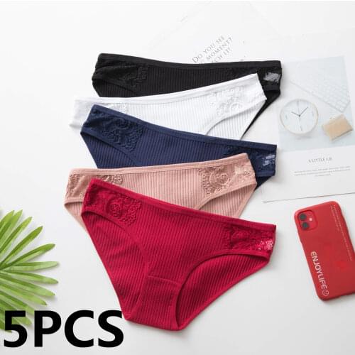 5Pcs Sexy Underwear Women Cotton Panties Briefs Lace Lingeries Soft Underpants Panty Intimates Plus Size M-XXL