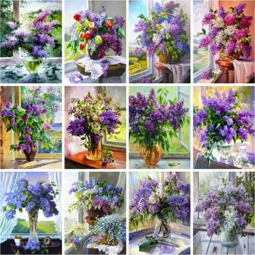 Huacan Diy Diamond Painting Lilac Flower Home Decor Diamond Embroidery Mosaic Floral Vase Diamond Art