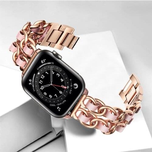Link Bracelet for apple watch 6 se 40mm 44mm strap Dressy Fancy Stainless Steel band Leather Loop for iwatch 5 4 3 38mm 42mm