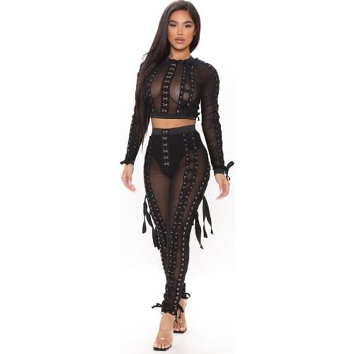 [Shesrim] Black Lace Up 2-Piece Pant Set Hooks Eyelets Embellishment Long Sleeves Mesh Crop Top And High Waist Long Mesh Pants