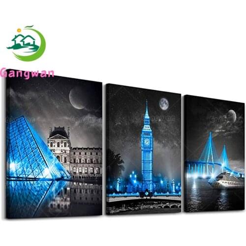 Black and white landscape embroidery with diamond painting full drill 3 piece set modern blue building pictures home decoration