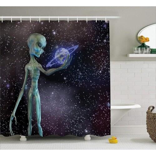 Outer Space Decor Shower Curtain Alien Body Planet in Milky Way Star Clusters Extraterrestrial Creature Fabric Bathroom Decor