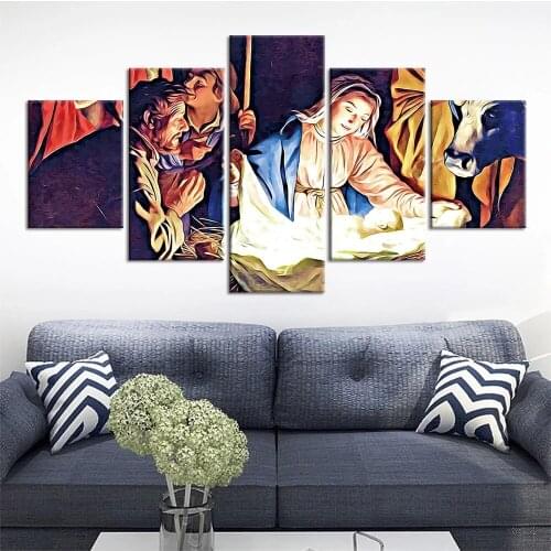 Home Decoration Canvas 5 Panel Prints Painting Poster Wall Birth of Christ Art For Bedside Background Modular Pictures Framework