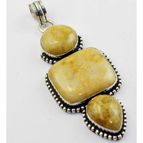 Fosil Coral Pendant Silver Overlay over Copper , 71 mm, P2128