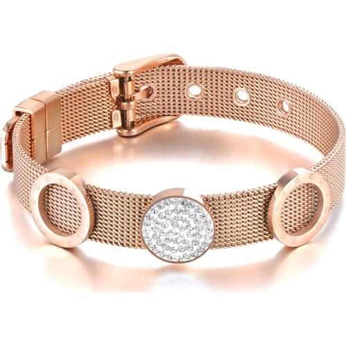 Bohemia CZ Crystal Round Disc Charm Bracelets Jewelry For Women Rose Gold Stainless Steel Adjustable Bracelet B19096