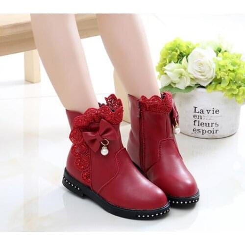 Fashion Girls Boots Leather Princess Shoes Lace Bow Children Shoes 2020 Autumn and Winter New Warm Kids Snow Boots Girls Shoes
