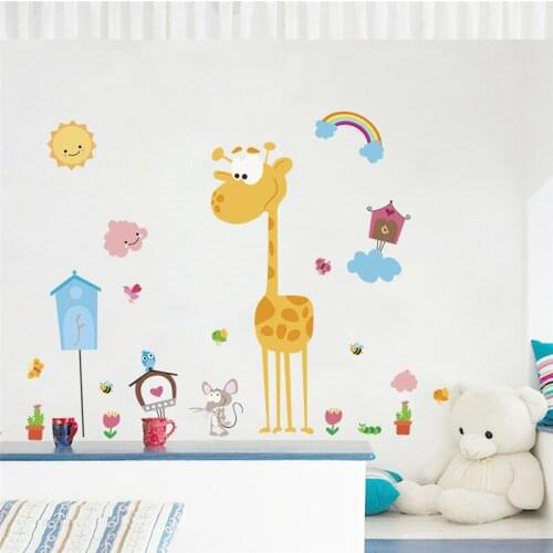 Cartoon Giraffe Animals Birds Wall Stickers For Kindergarten Kids Room Bedroom Home Decoration Safari Mural Art Diy Pvc Decal