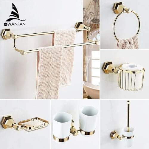 Bathroom Accessories Bath Hardware Set Golden Color Toilet Paper Holder Towel Rack Tissue Holder Cup Holder Robe Hook 93000K