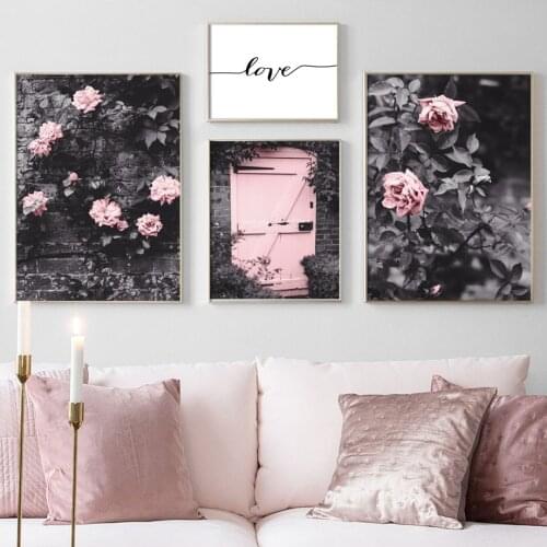 Pink Rose Flower Courtyard Door Landscape Wall Art Canvas Painting Nordic Posters And Prints Wall Pictures For Living Room Decor