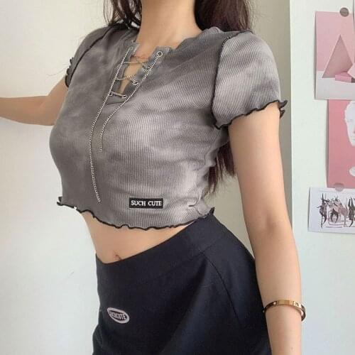 2021 Spring Summer New Cotton Leisure Tees Fashion Womens Tops Solid Color Sexy Tie-Dye V Neck Chain Slim Short T-shirt Women