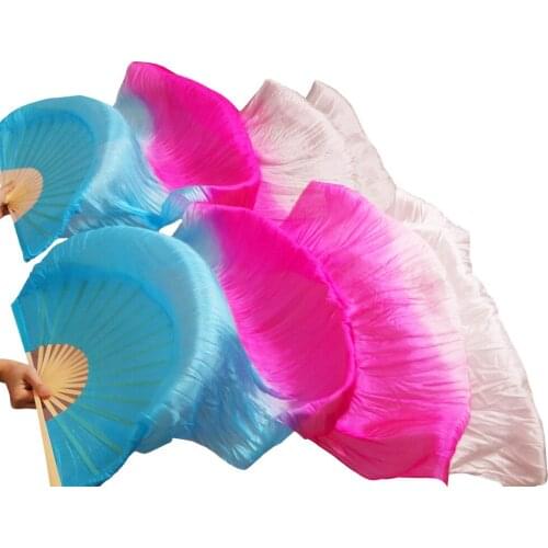 New Arrivals 100% Silk Fans 1 Pair High Quality Handmade Dyed Belly Dance Fans Turquoise+Rose+White Gradient Colors 180/230x90cm