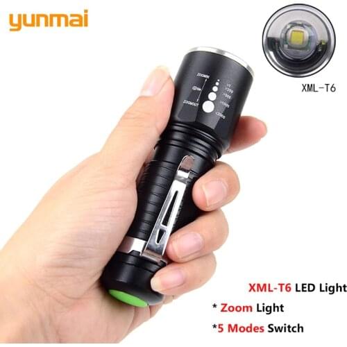 Yunmai Zoomable light new-T6 LED Flashlight 5 Modes Zoom Waterproof Torch Clip Pocket Portable Power Lantern Lampe Use 18650/AAA