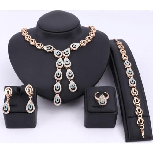 Women New Design Crystal Tassel Pendant Necklace Earrings Bracelet Ring Trendy Party Gold Color Accessories Jewelry Sets